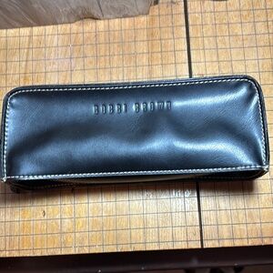 Bobbi Brown Black Stitched Leather Look Makeup Bag 8”Lx3”Hx2.25”W Zipper, Mirror